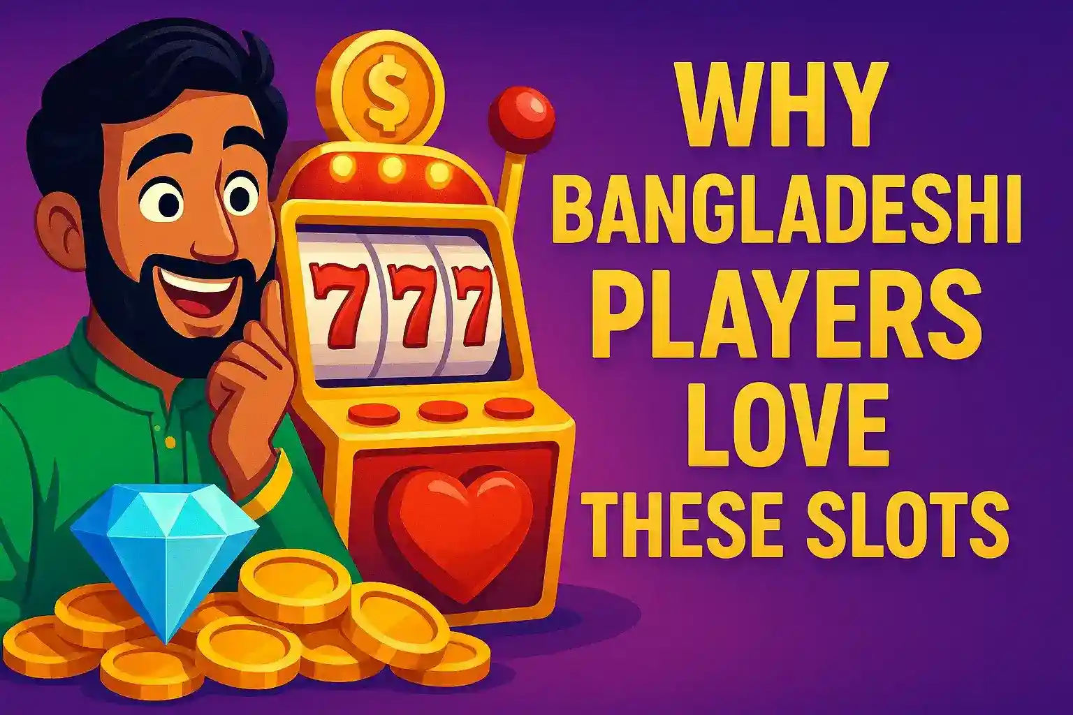 Happy animated Bangladeshi man in green shirt with lucky slot machine showing 777, surrounded by diamond, coins and heart symbol