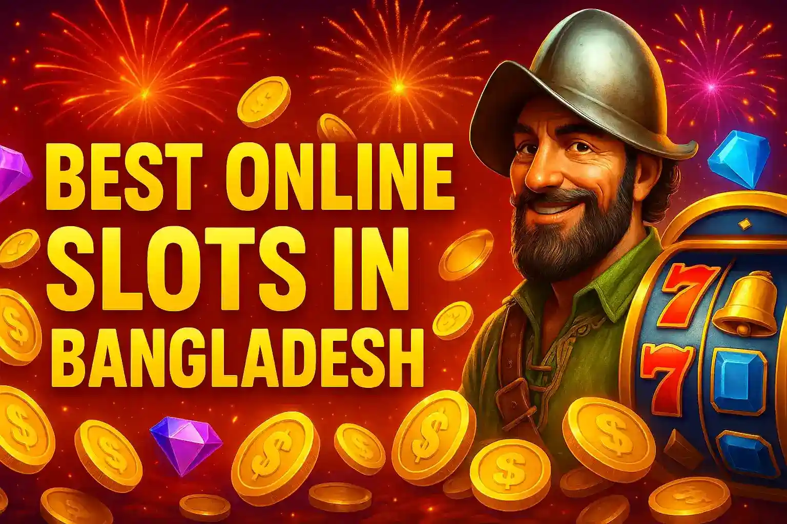 Cheerful cowboy with hat and beard surrounded by flying golden coins, diamonds and fireworks promoting best online slots in Bangladesh