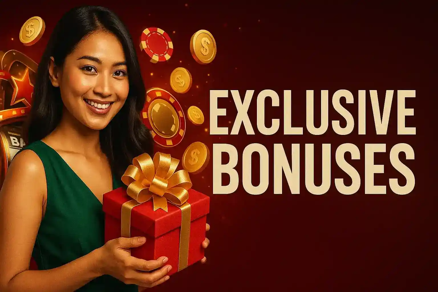 Happy Asian woman in green dress holding red gift box with floating casino chips and golden coins promoting exclusive bonuses