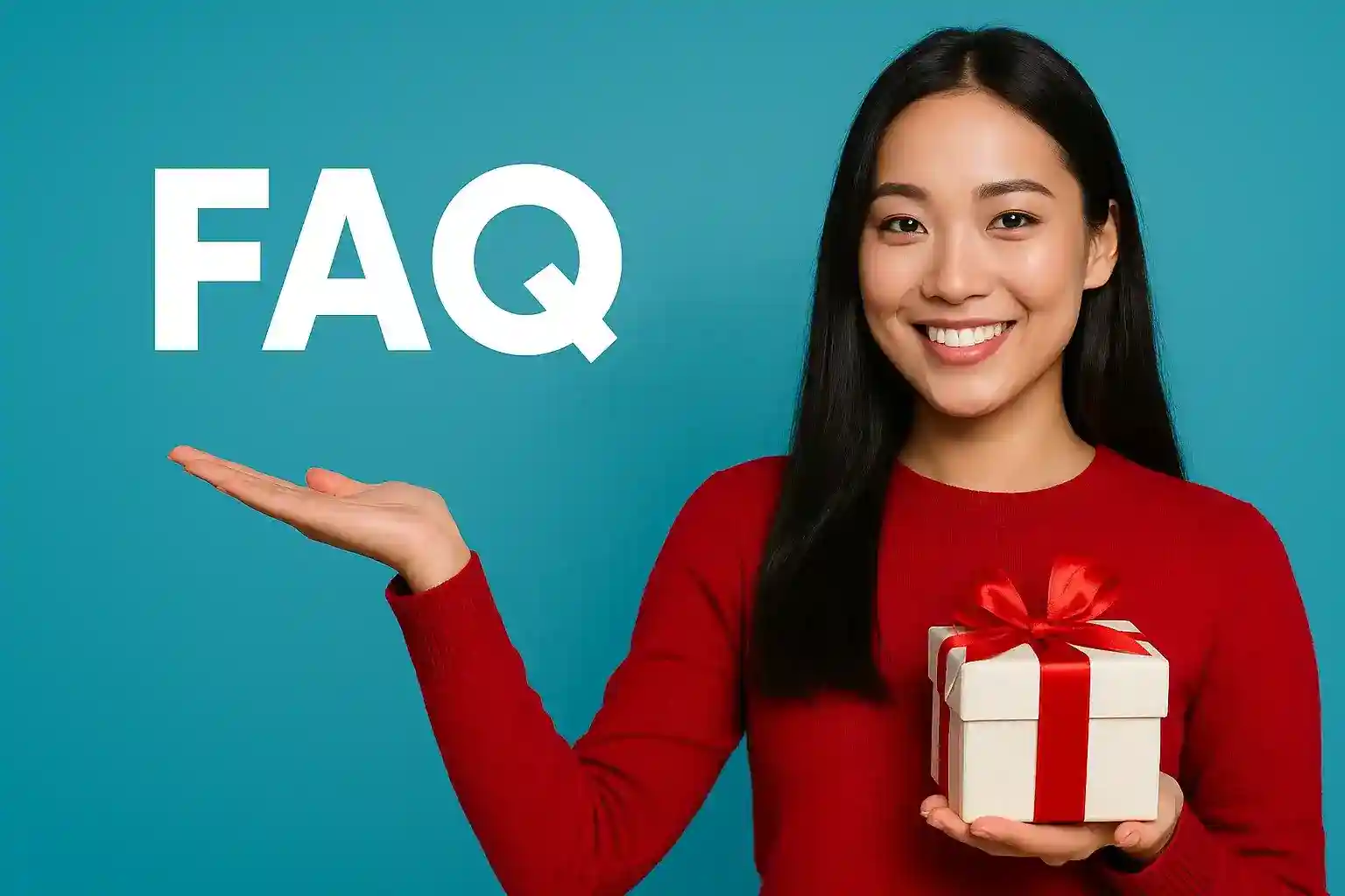 Friendly Asian woman in red sweater presenting FAQ information while holding white gift box with red ribbon on turquoise background