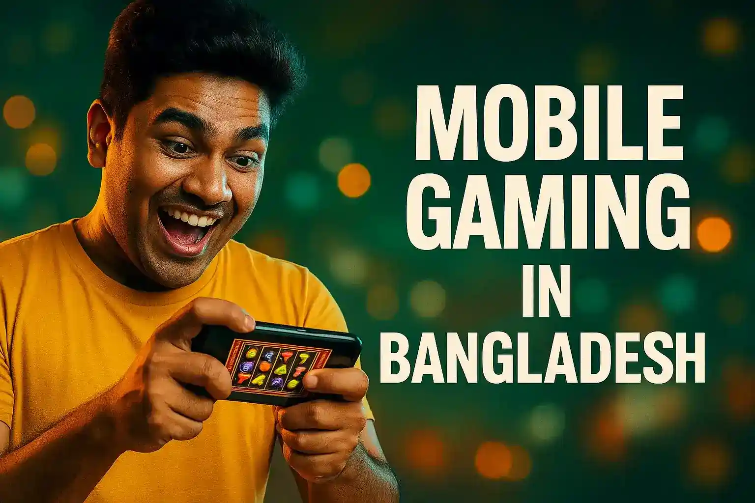 Enthusiastic young man in yellow shirt playing colorful slot games on smartphone with bokeh lights background in Bangladesh