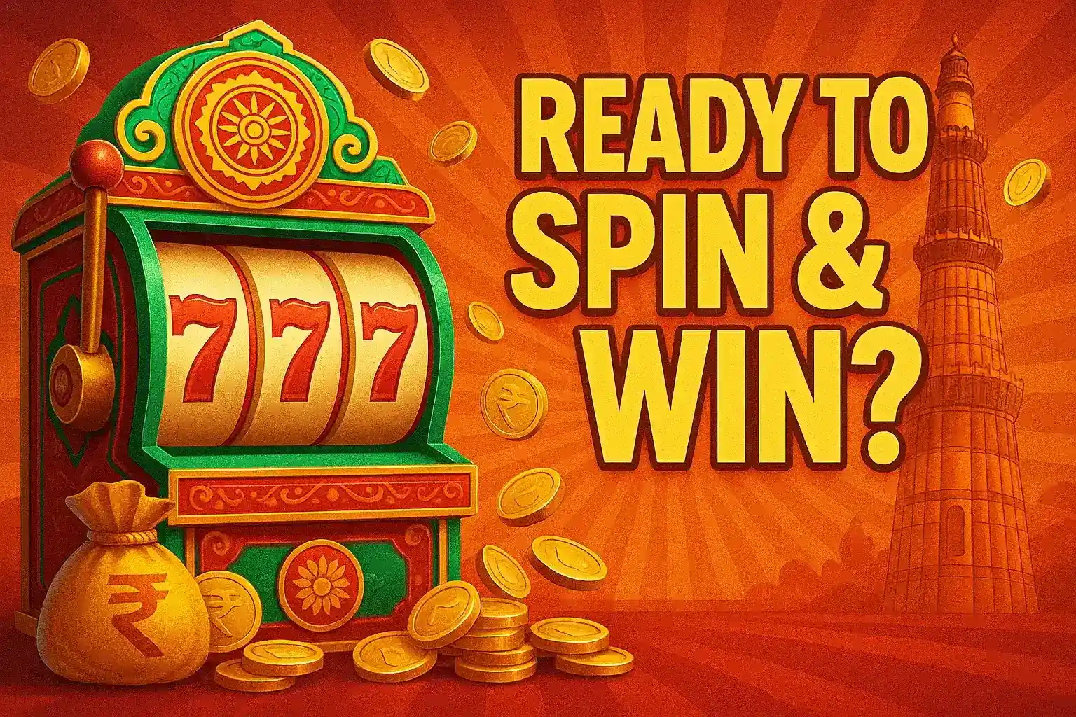 Ornate Indian-themed slot machine showing 777 jackpot with rupee coins and money bag against historic monument backdrop