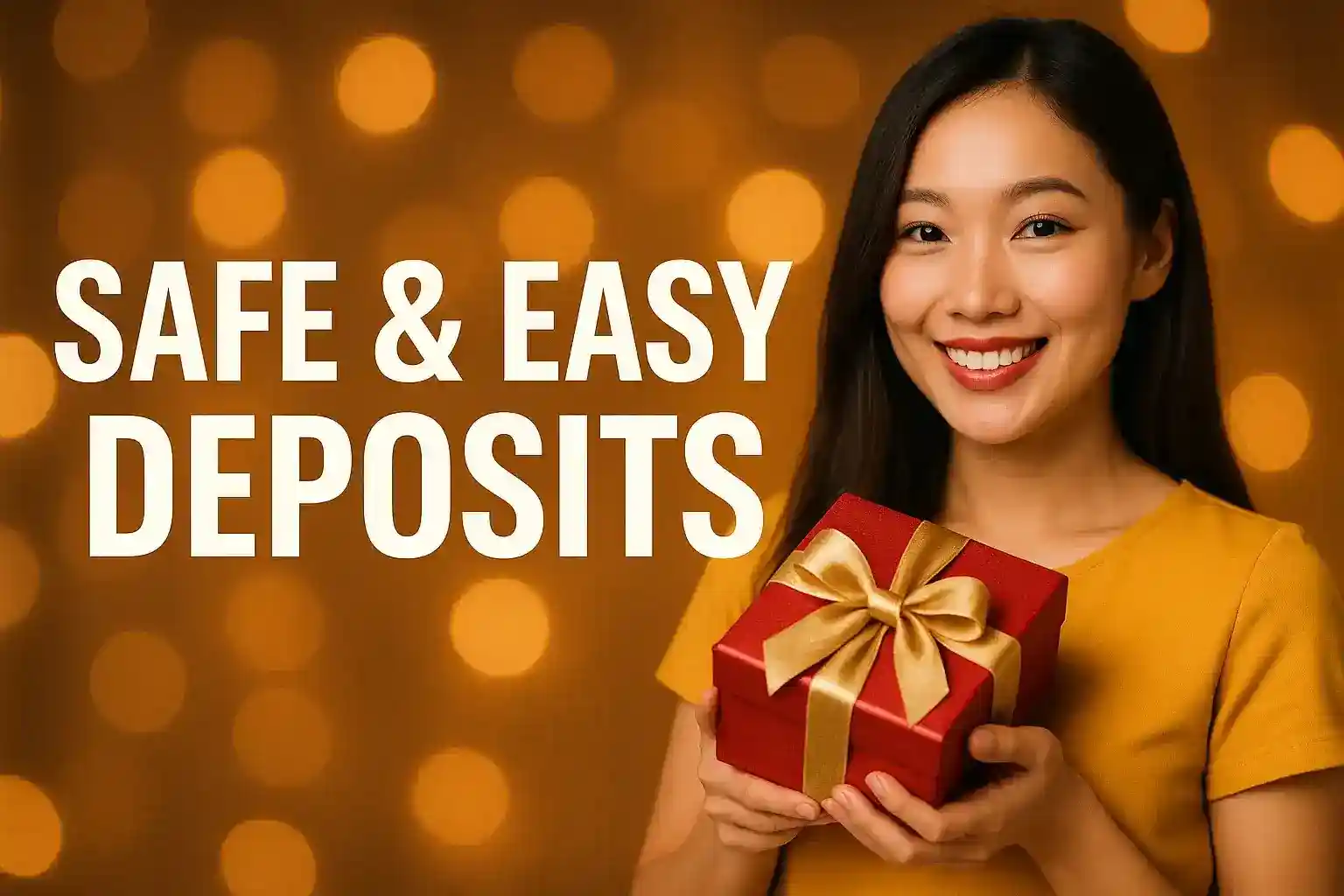 Smiling Asian woman in yellow top holding red gift box with golden bow against warm bokeh background promoting safe deposits