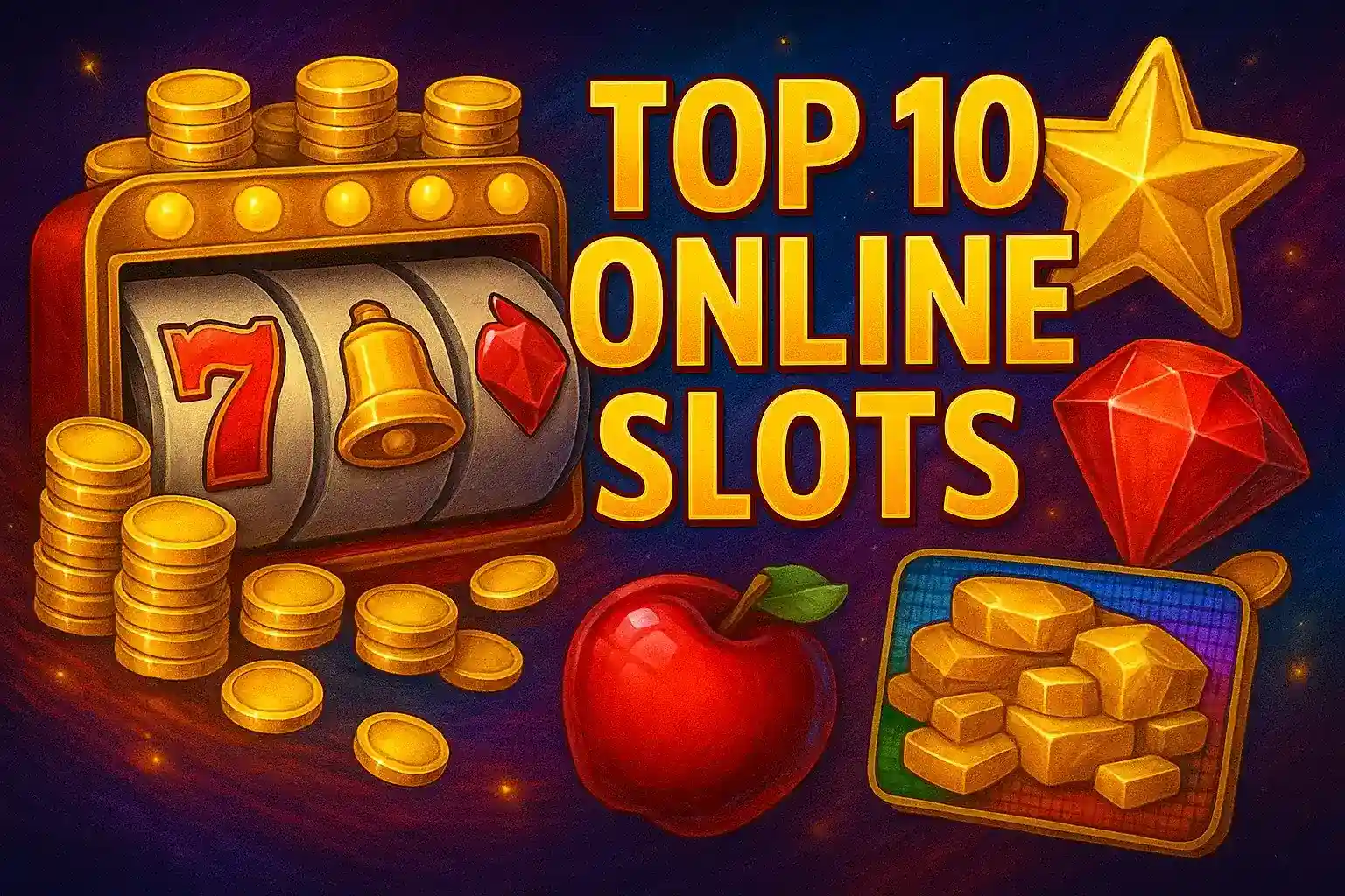 Classic slot machine with golden coins, red seven, bell, diamond symbols, red apple and gold bars against starry night background