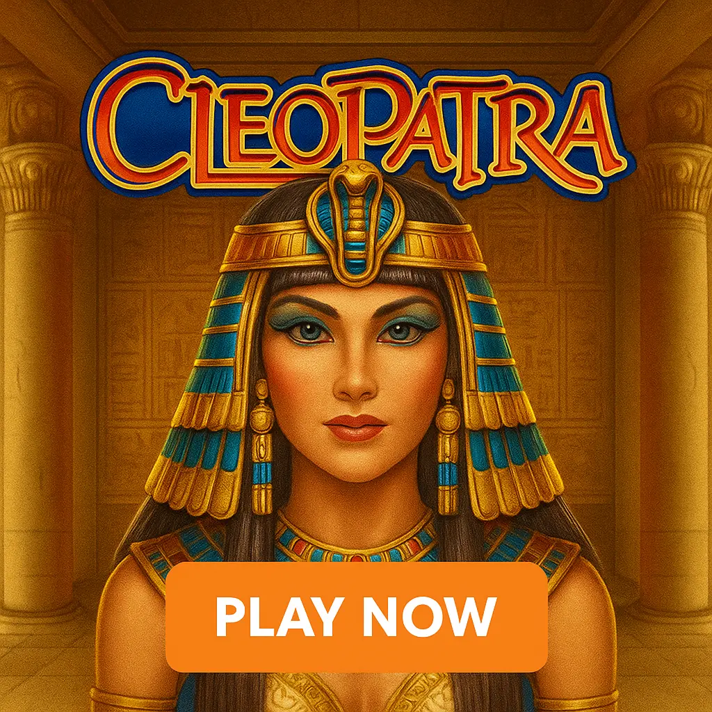 Cleopatra slot game featuring Egyptian queen with golden headdress and jewelry in ancient temple with play now button
