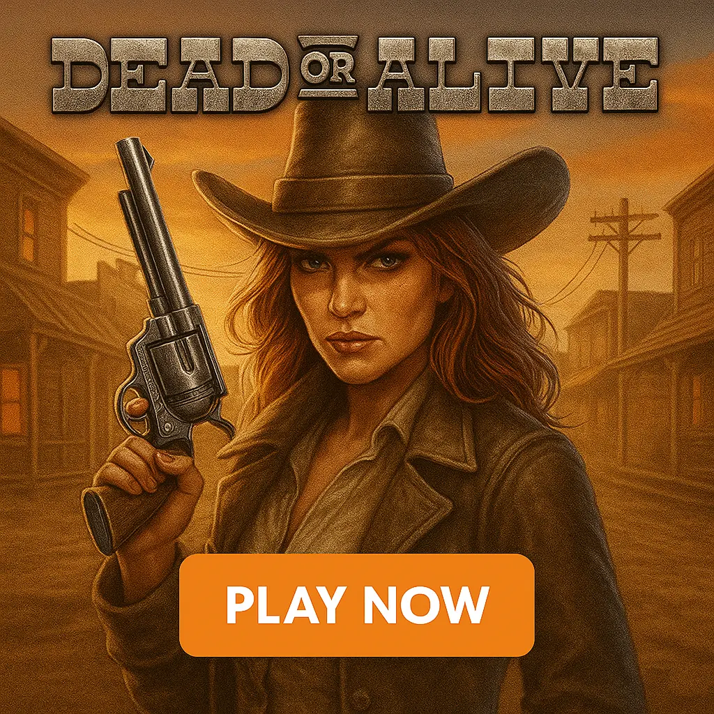 Dead or Alive western-themed slot game featuring cowgirl character with revolver in old west town setting with play now button