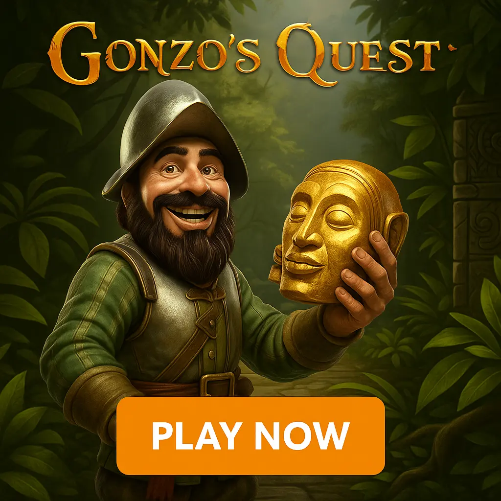 Gonzo's Quest slot game showing adventurer character holding golden mask in jungle setting with play now button