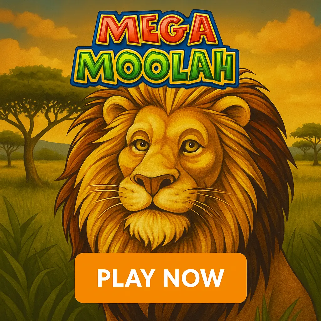 Mega Moolah progressive jackpot slot featuring majestic lion in African savanna landscape with play now button