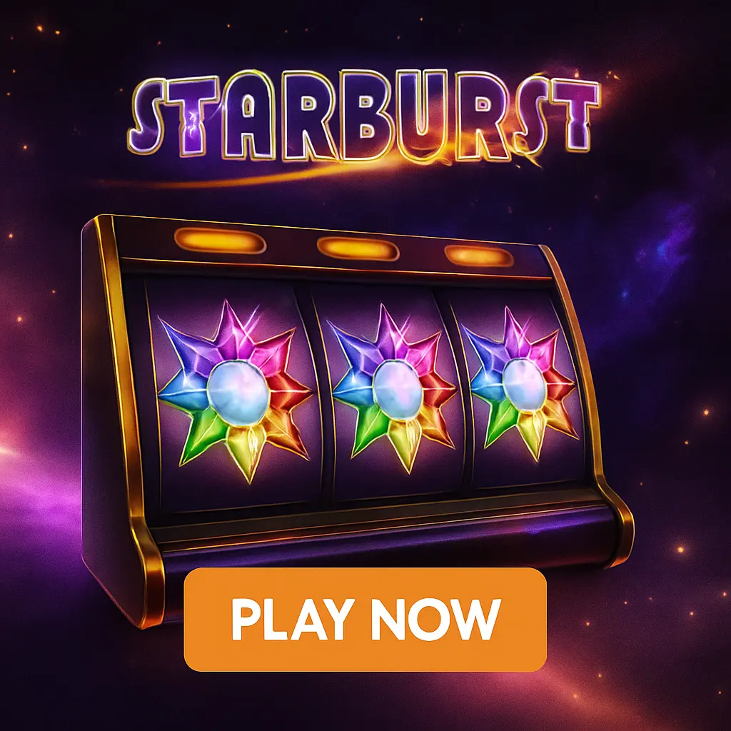 Starburst online slot game featuring colorful star symbols on reels with cosmic space background and play now button
