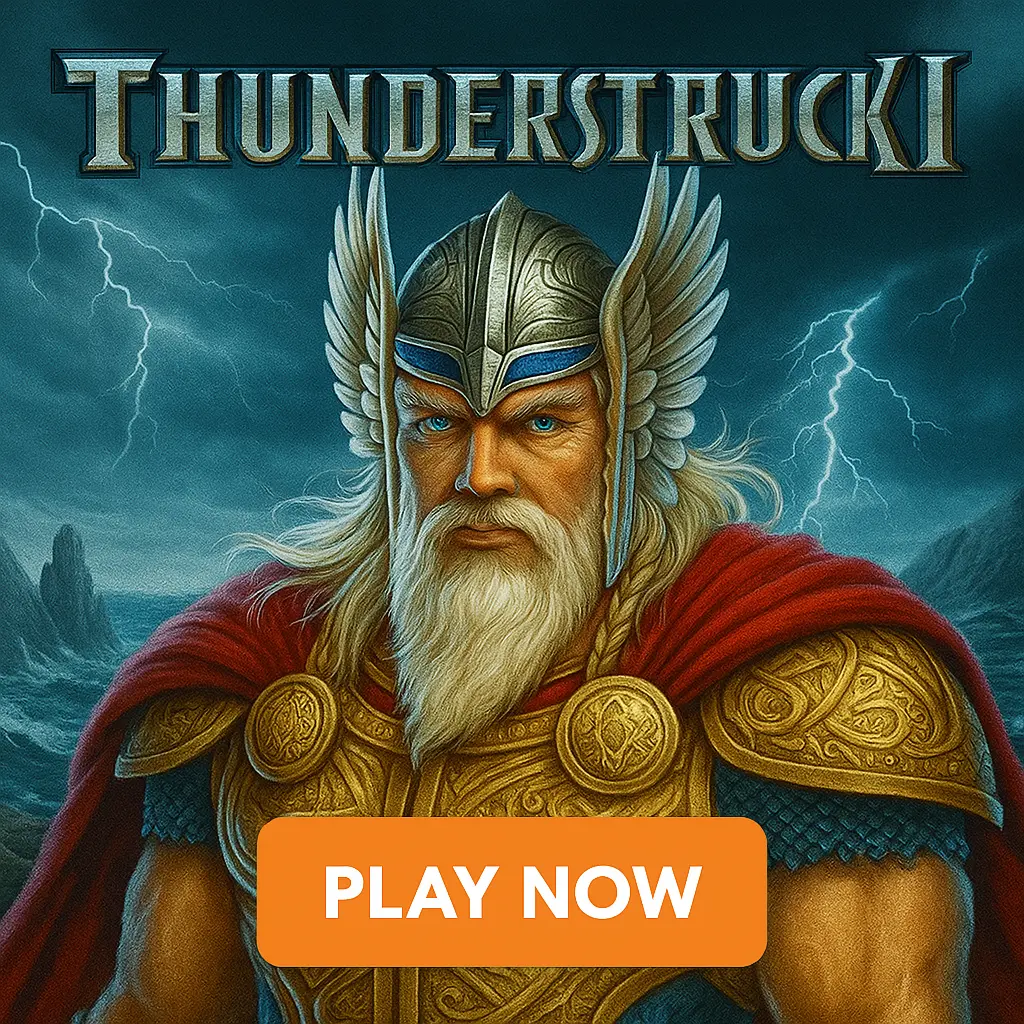 Thunderstruck II slot game showing Norse god Thor with winged helmet and lightning background with play now button